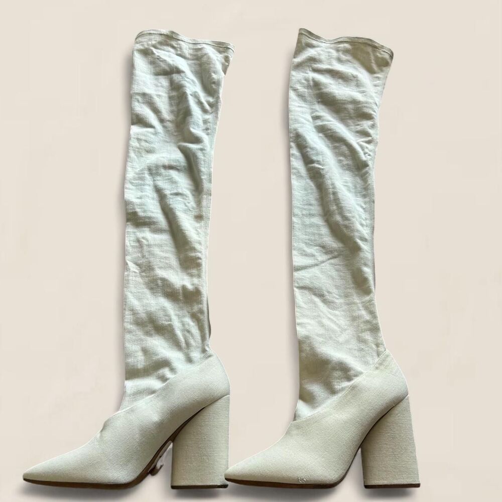 YEEZY Season 6 bleached denim Canvas Thigh High Pointed Toe Boots Heels 38.5 / 7